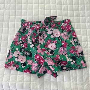 J Crew Factory Shorts Womens 12 Green Floral Belted High Waisted Preppy Garden